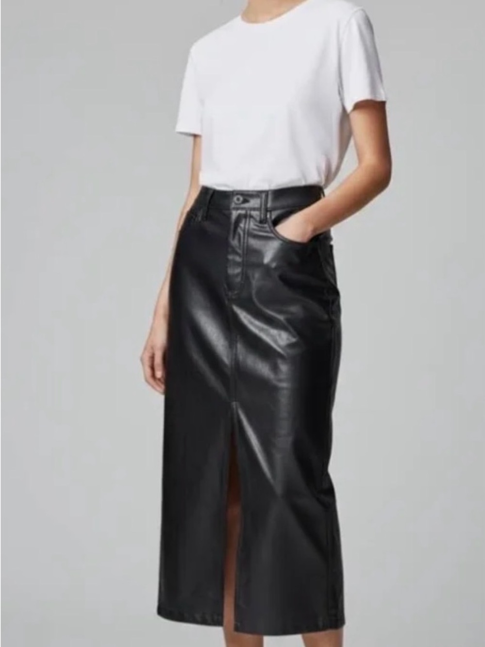 Abercrombie - Black Faux Leather Midi Skirt with Front Slit